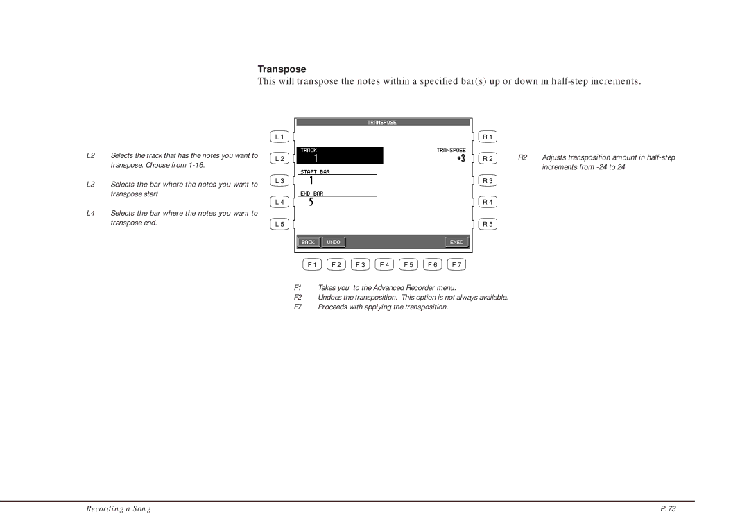 Kawai CP205/CP185 manual Transpose, Takes you to the Advanced Recorder menu 