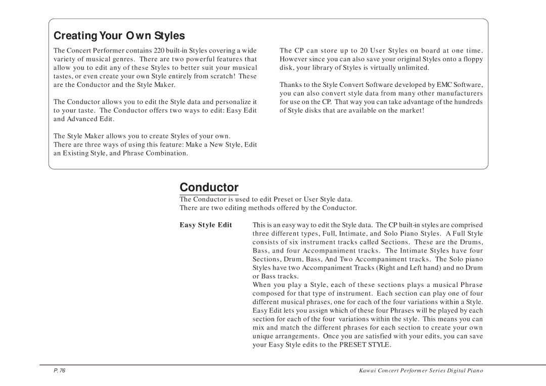 Kawai CP205/CP185 manual Creating Your Own Styles, Conductor, Easy Style Edit 