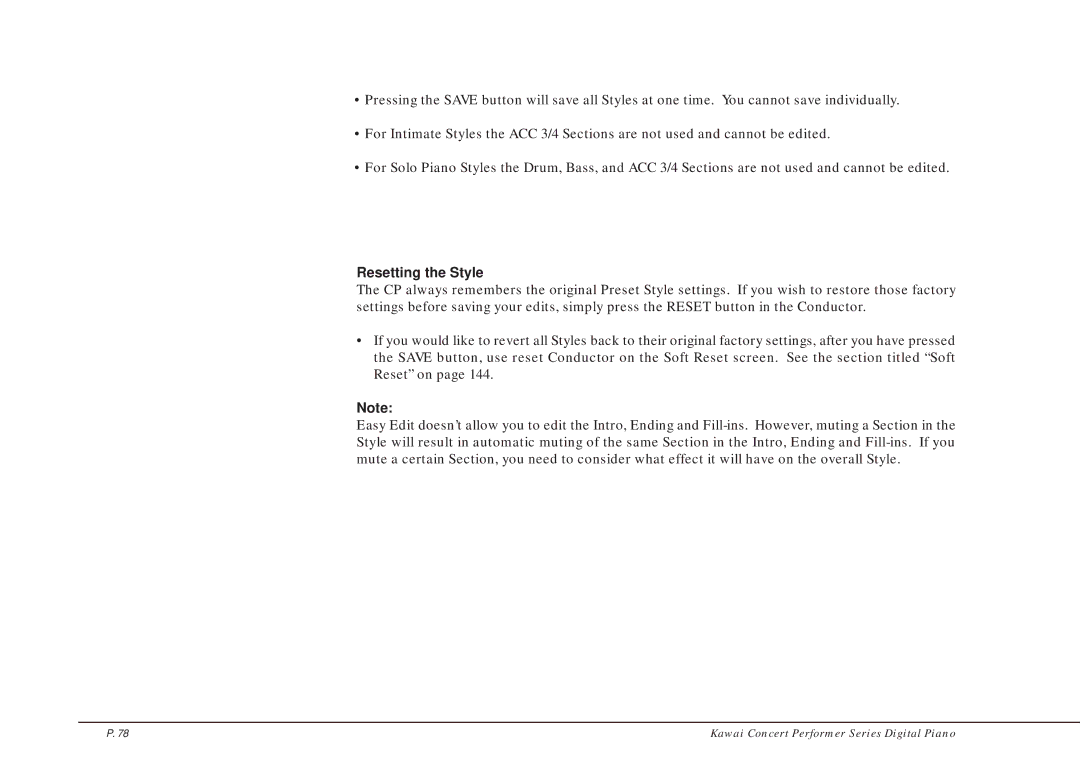 Kawai CP205/CP185 manual Resetting the Style 