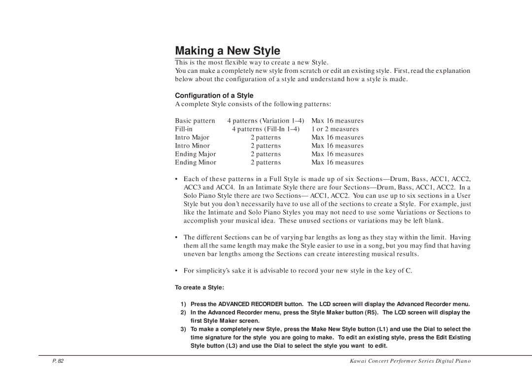 Kawai CP205/CP185 manual Making a New Style, Configuration of a Style 