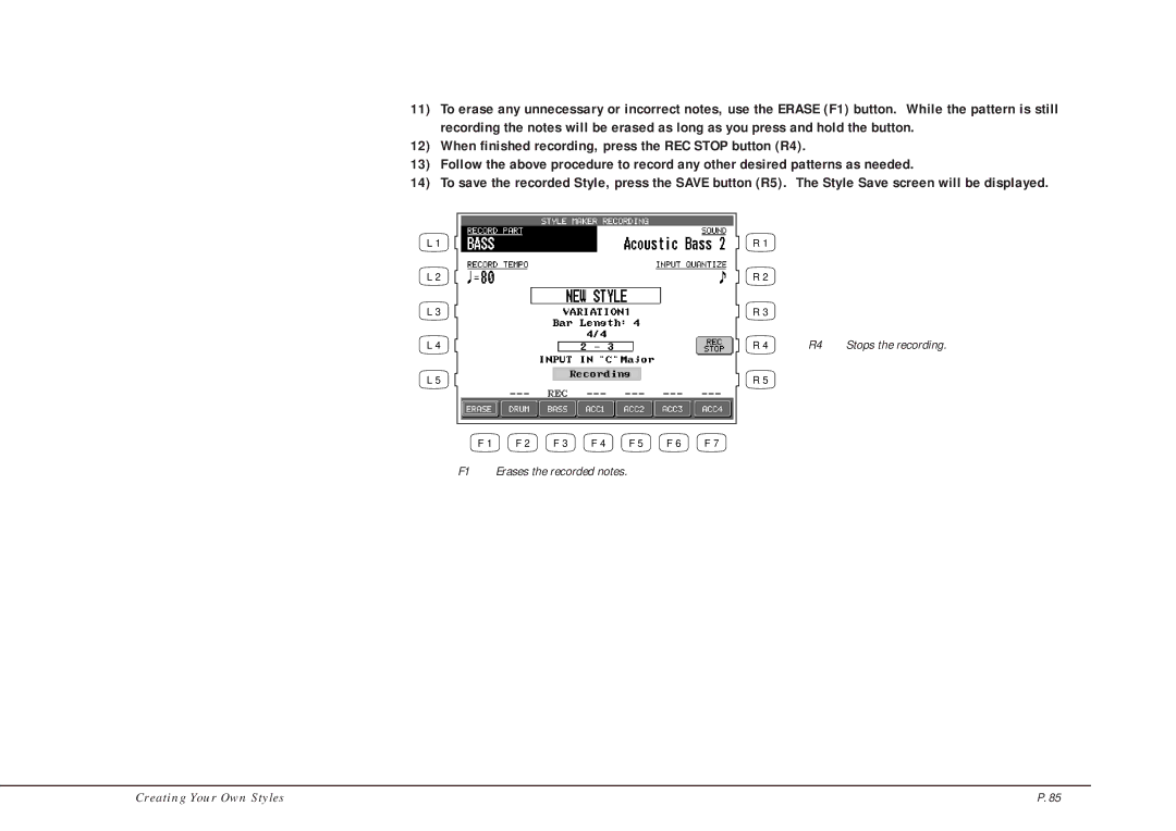 Kawai CP205/CP185 manual F1 Erases the recorded notes 