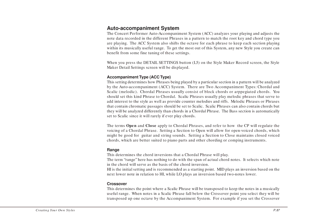 Kawai CP205/CP185 manual Auto-accompaniment System, Accompaniment Type ACC Type, Range, Crossover 