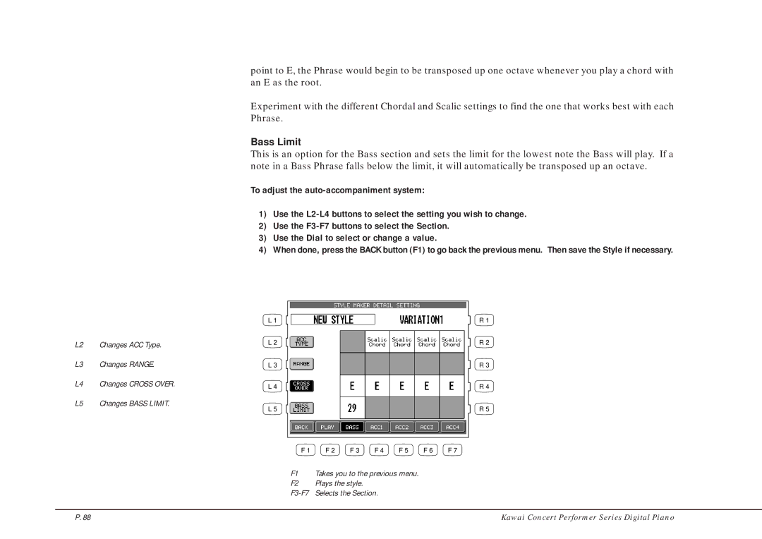 Kawai CP205/CP185 manual Bass Limit 