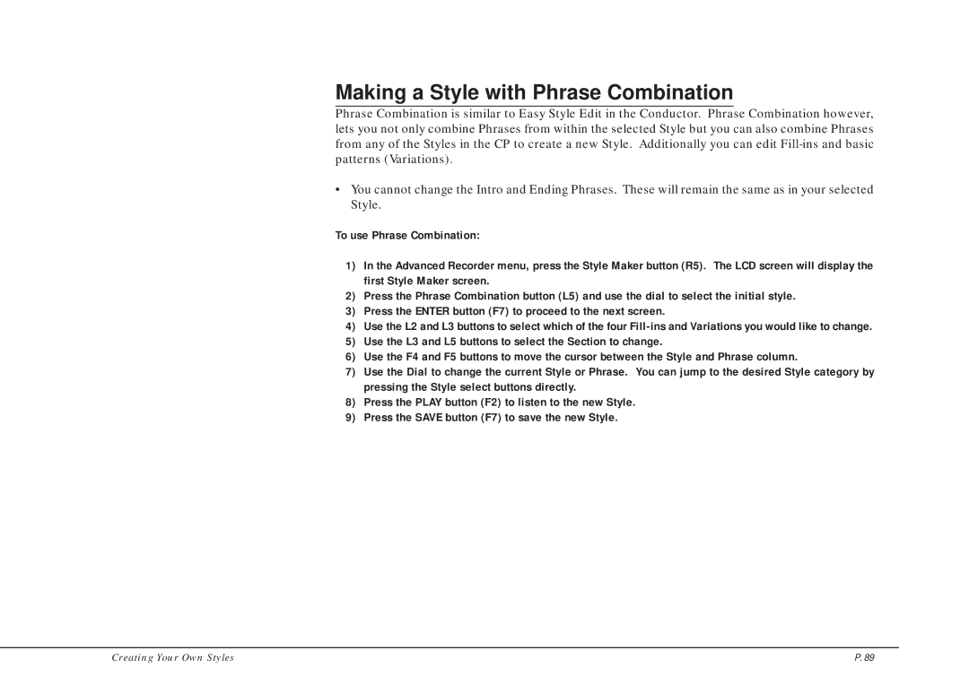 Kawai CP205/CP185 manual Making a Style with Phrase Combination 