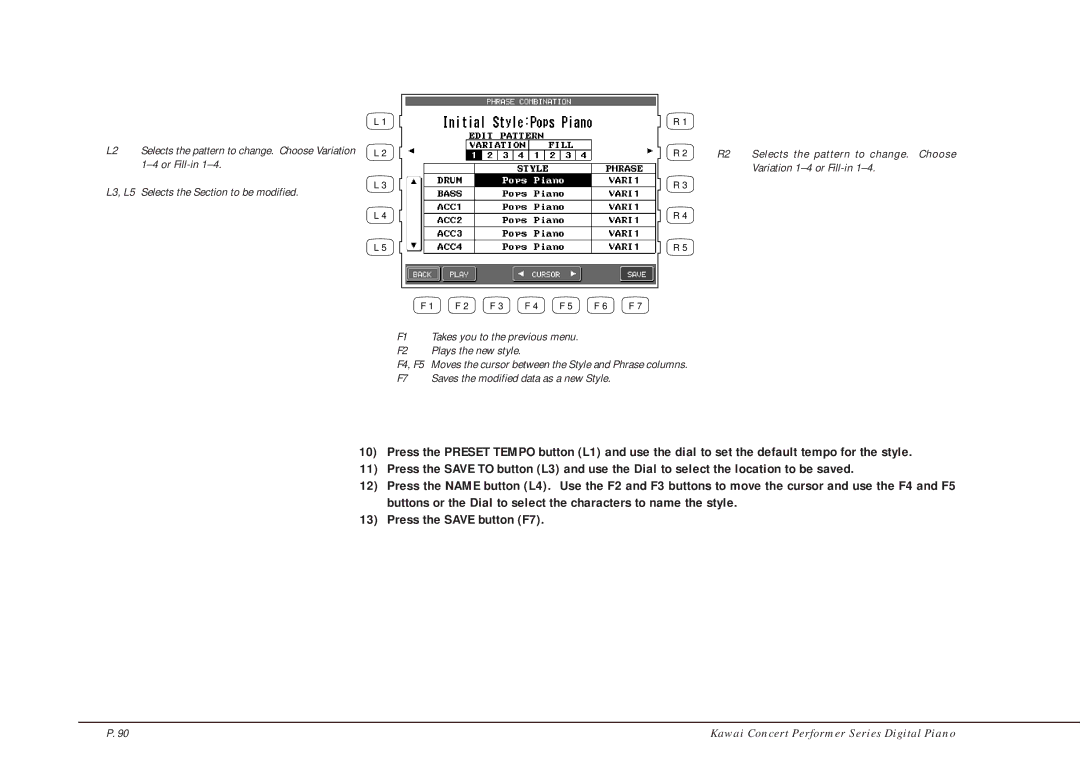 Kawai CP205/CP185 manual Selects the pattern to change. Choose Variation 