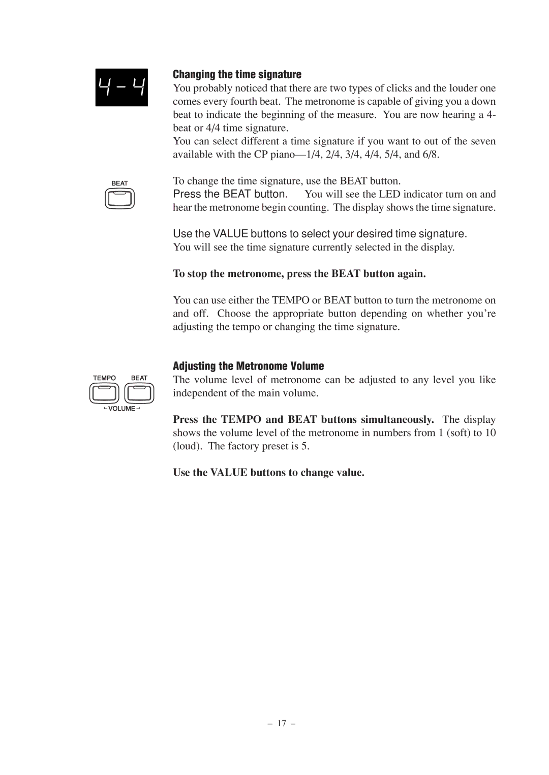 Kawai CP67 manual Changing the time signature, Adjusting the Metronome Volume 