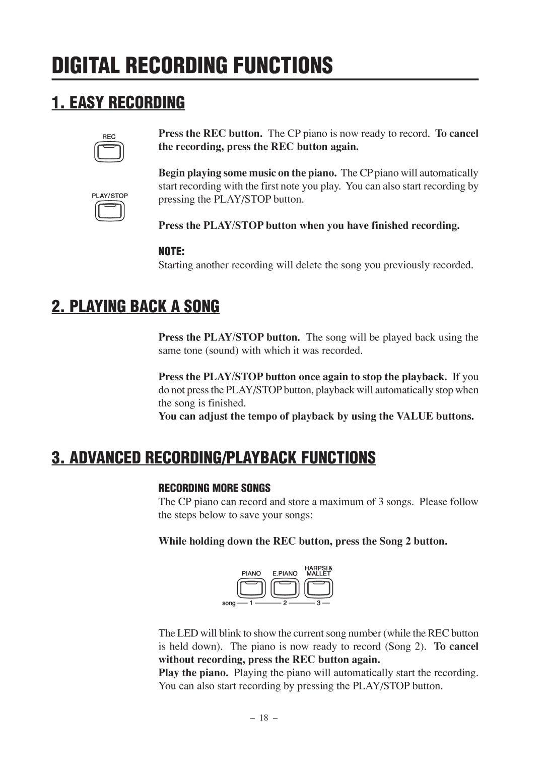 Kawai CP67 manual Digital Recording Functions, Easy Recording, Playing Back a Song, Advanced RECORDING/PLAYBACK Functions 