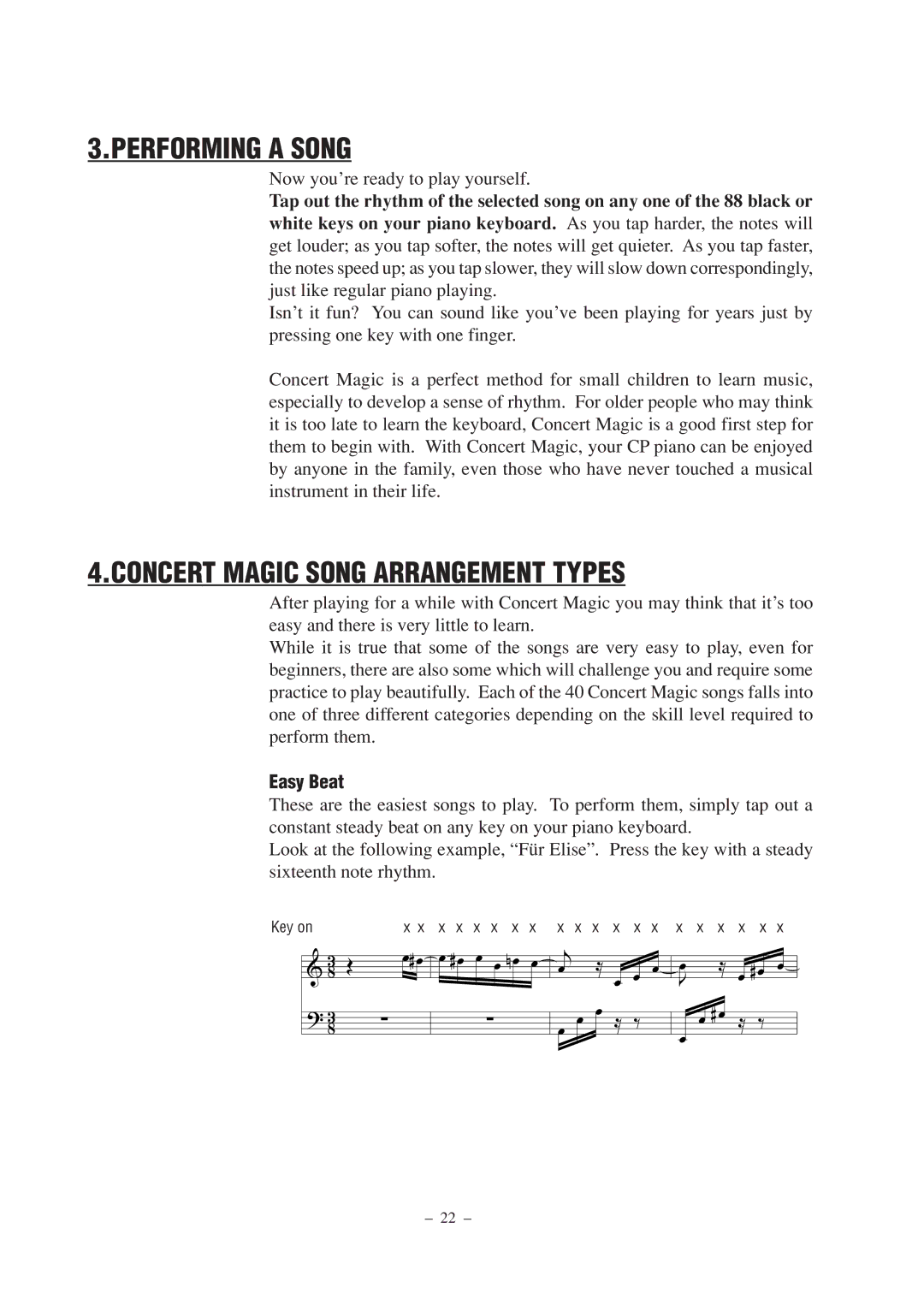 Kawai CP67 manual Performing a Song, Concert Magic Song Arrangement Types, Easy Beat 