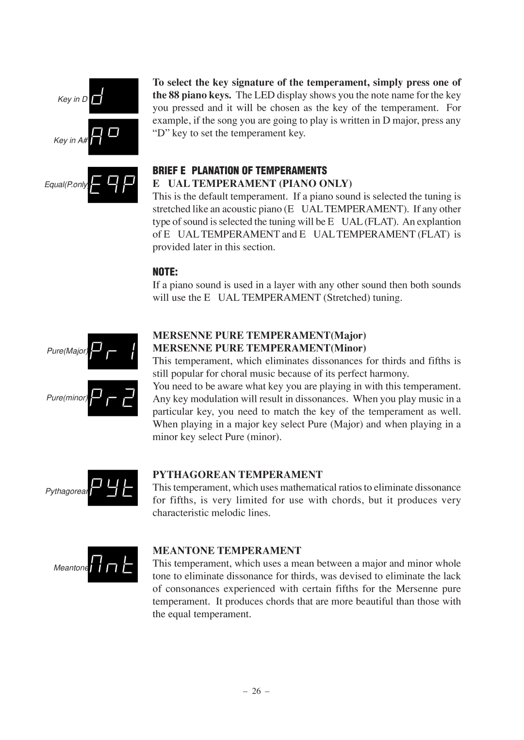 Kawai CP67 manual Brief Explanation of Temperaments, Equal Temperament Piano only 