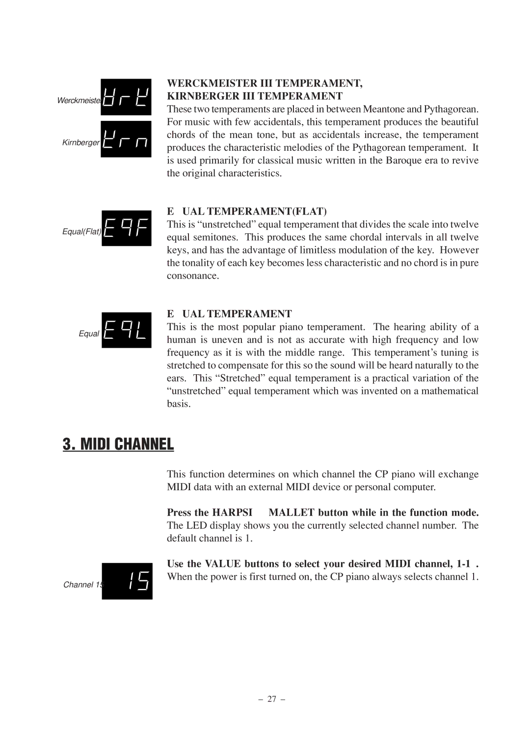 Kawai CP67 manual Midi Channel, Werckmeister III Temperament Kirnberger III Temperament 