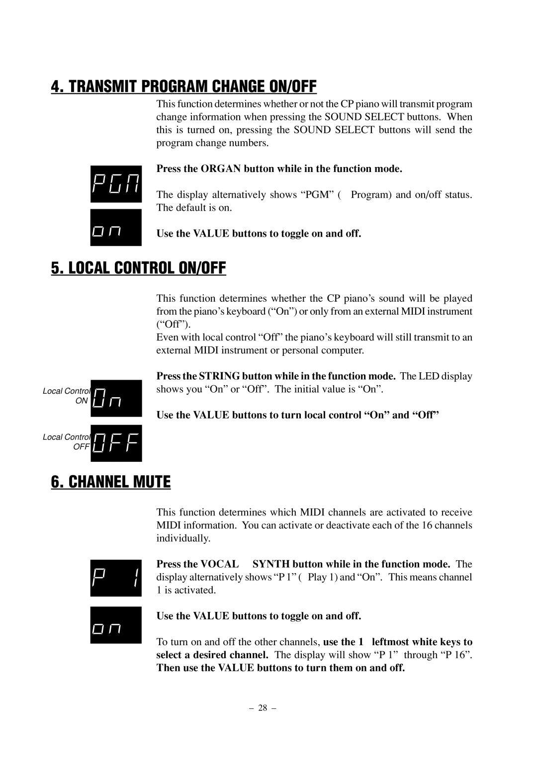 Kawai CP67 manual Transmit Program Change ON/OFF, Local Control ON/OFF, Channel Mute 