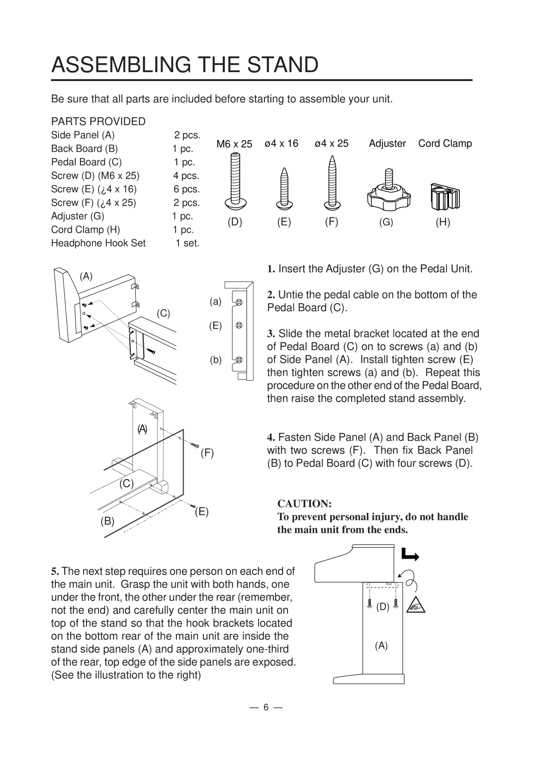 Kawai CP67 manual Assembling the Stand, Parts Provided 