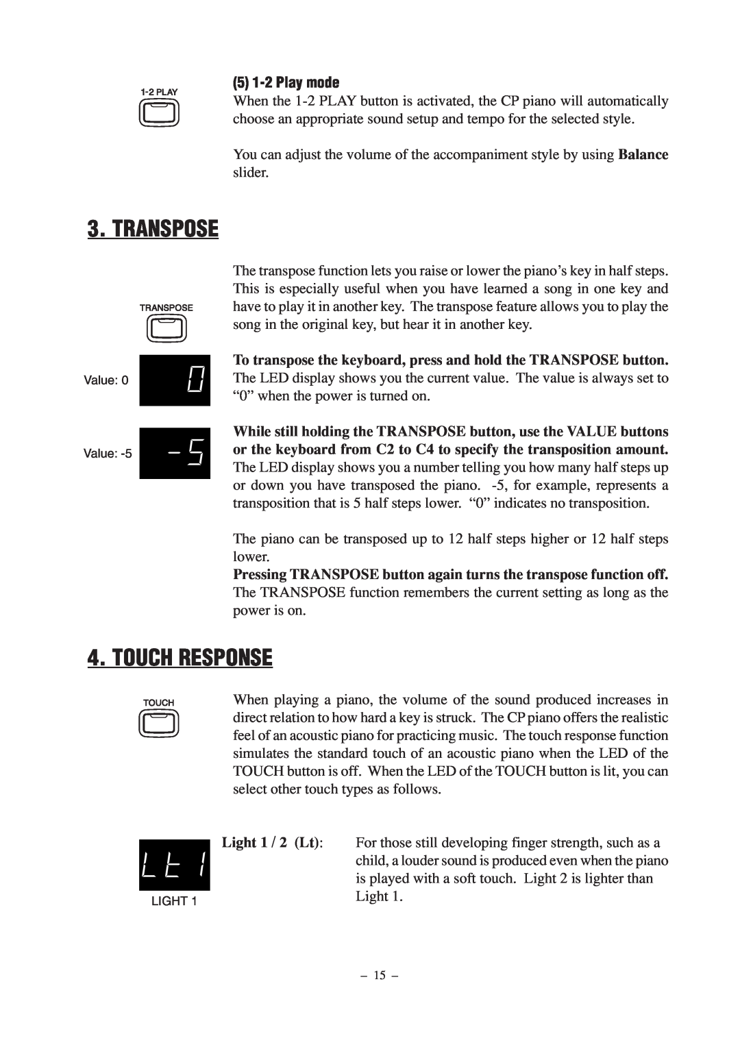 Kawai CP67 manual Transpose, Touch Response, 5 1-2 Play mode 