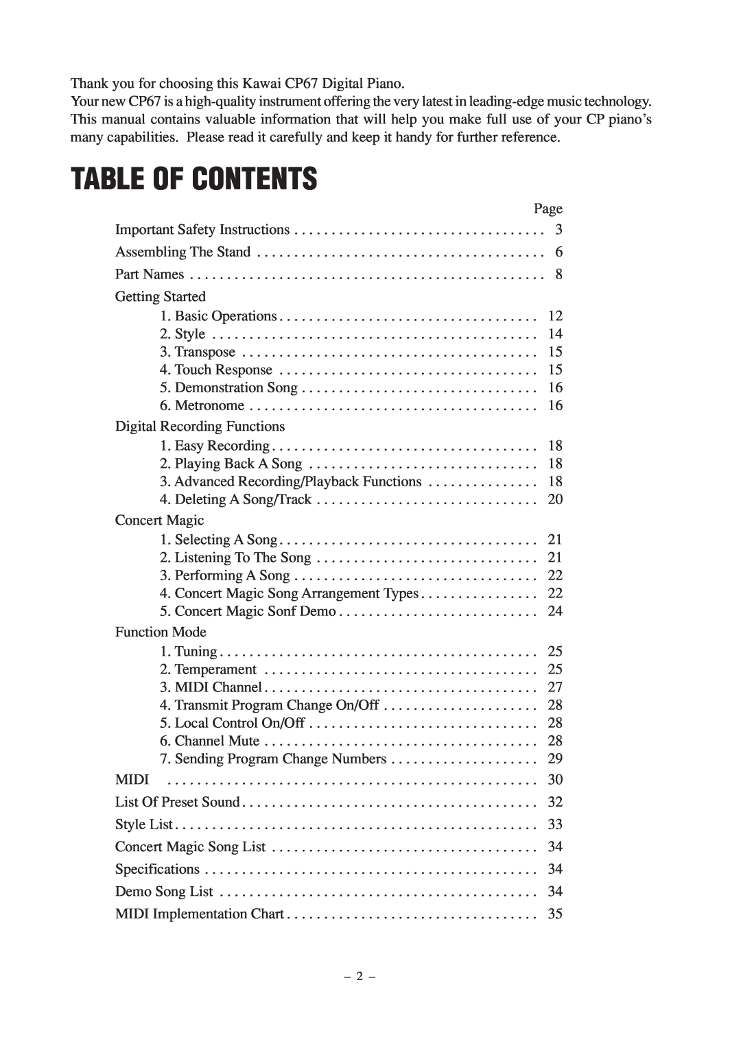 Kawai CP67 manual Table Of Contents 