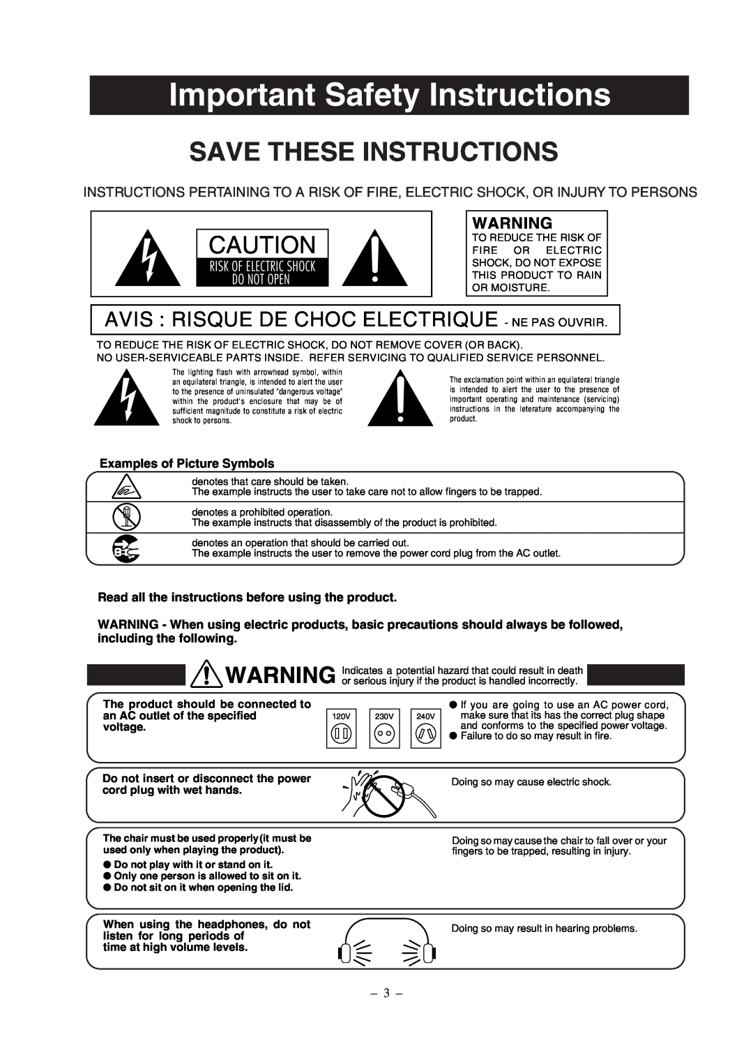 Kawai CP67 manual Important Safety Instructions, Save These Instructions, Avis Risque De Choc Electrique - Ne Pas Ouvrir 