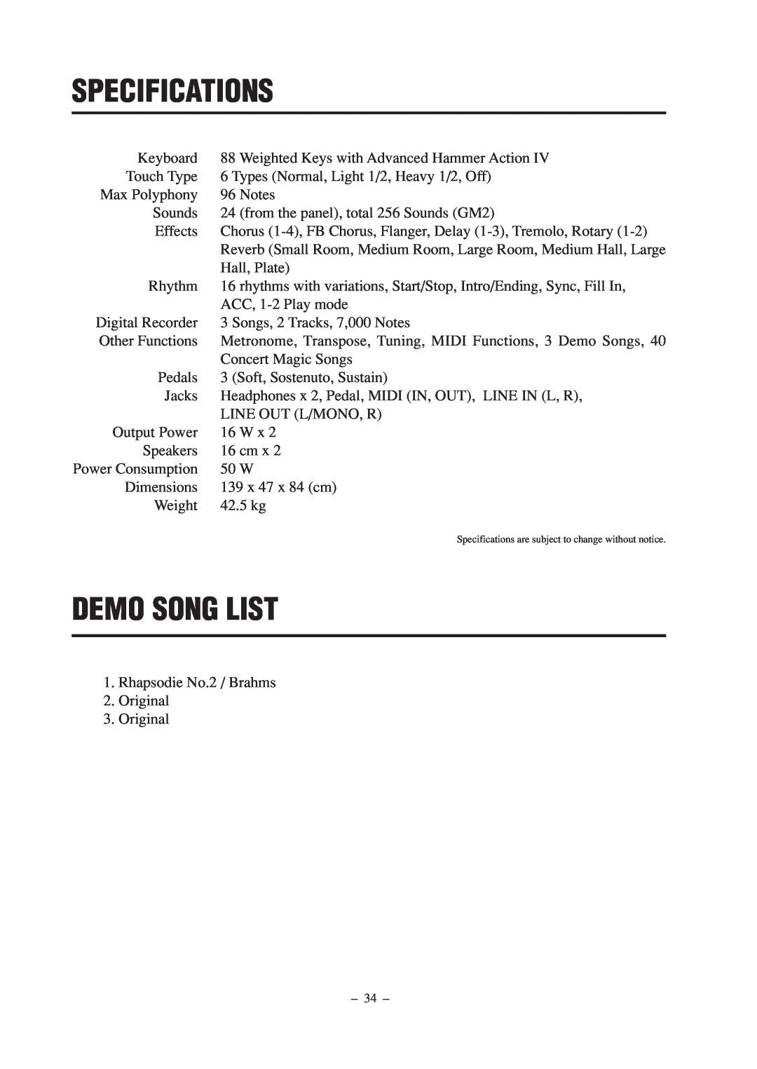 Kawai CP67 manual Specifications, Demo Song List 