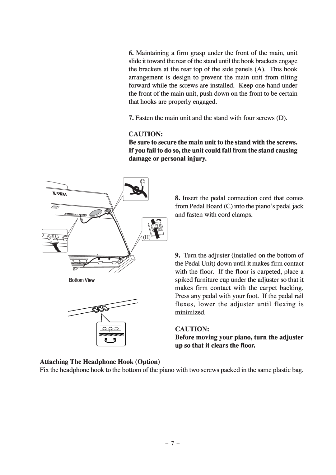 Kawai CP67 manual Attaching The Headphone Hook Option 