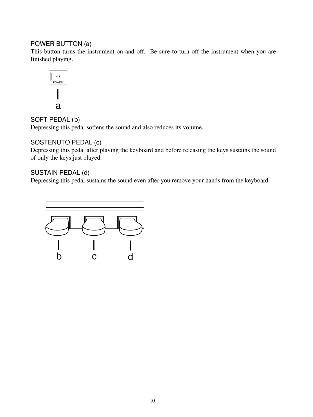 Kawai CP95 manual Power Button a, Soft Pedal b, Sostenuto Pedal c, Sustain Pedal d 