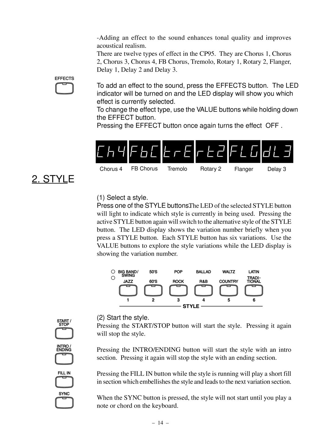 Kawai CP95 manual Style, Select a style, Start the style 