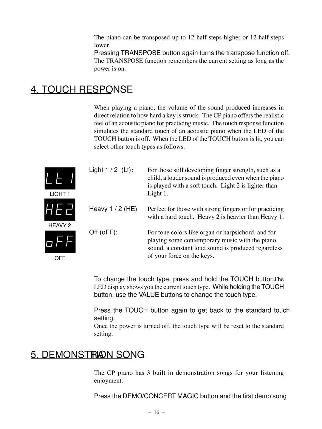 Kawai CP95 manual Touch Response, Demonstration Song 