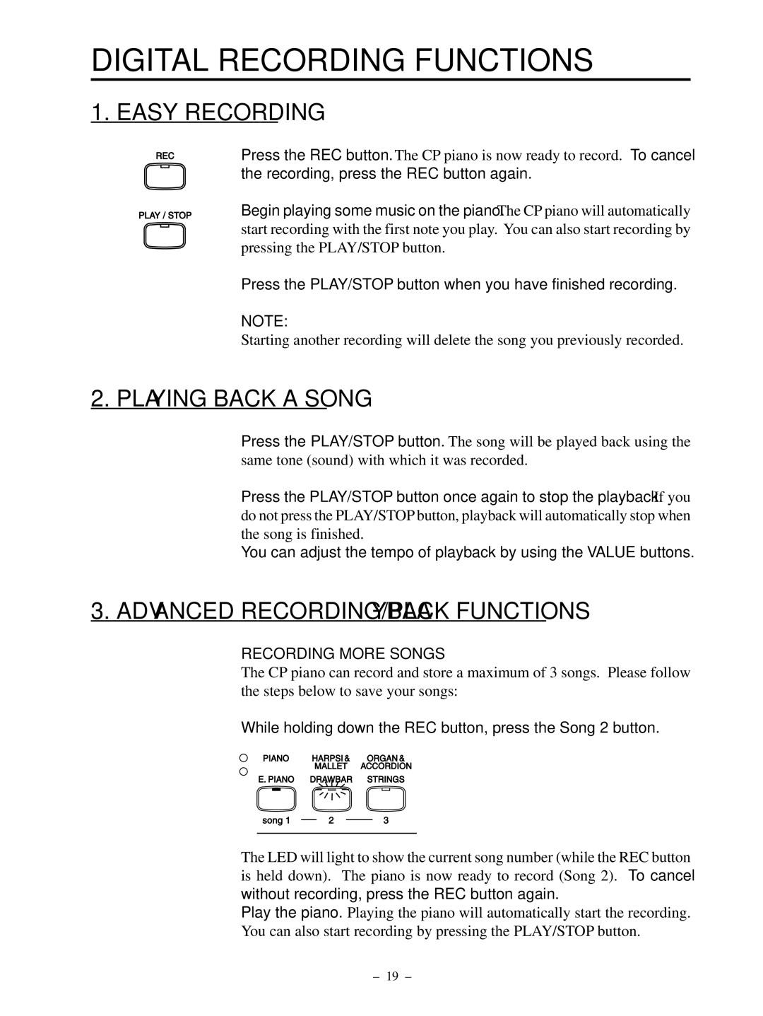 Kawai CP95 manual Digital Recording Functions, Easy Recording, Playing Back a Song, Advanced RECORDING/PLAYBACK Functions 
