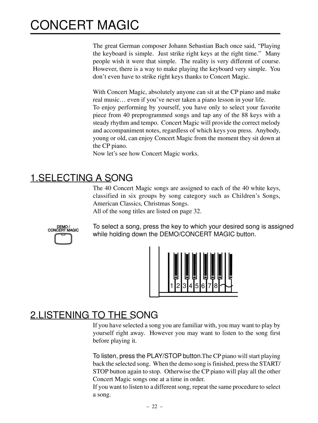 Kawai CP95 manual Concert Magic, Selecting a Song, Listening to the Song 