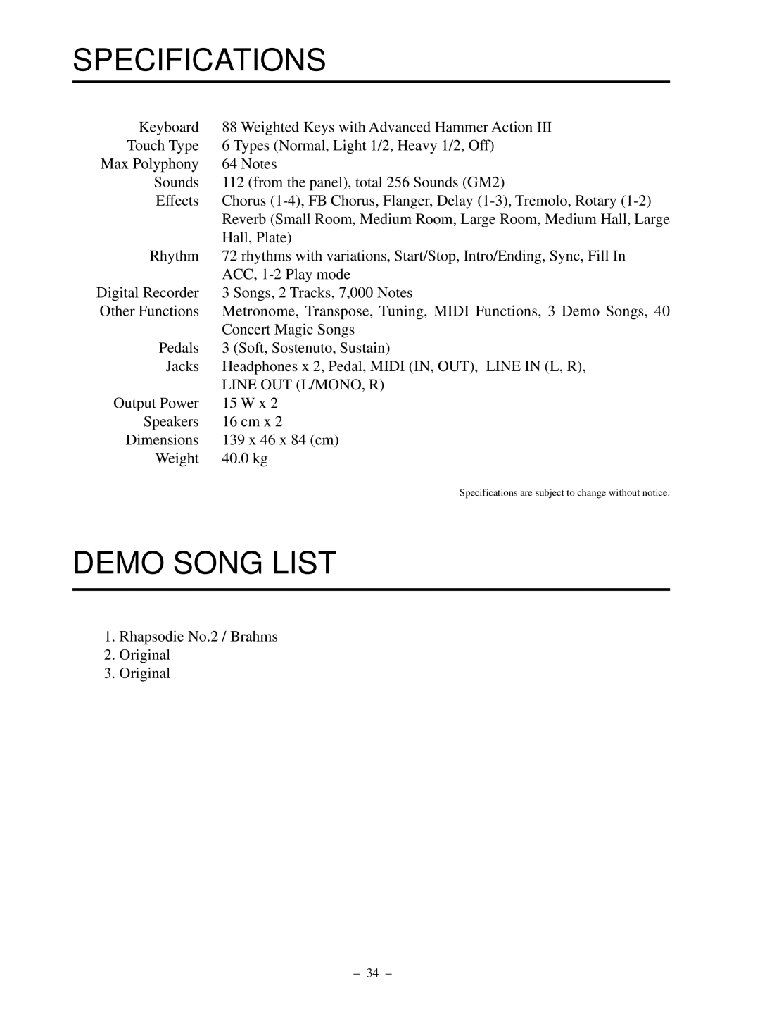 Kawai CP95 manual Specifications, Demo Song List 