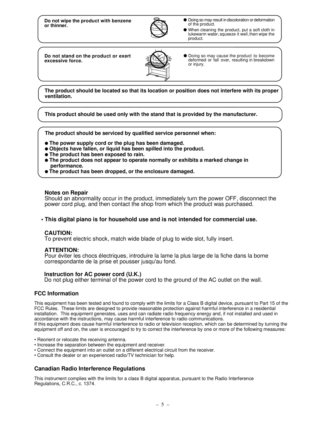 Kawai CP95 manual Instruction for AC power cord U.K 