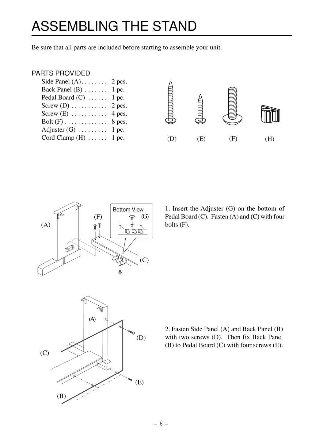 Kawai CP95 manual Assembling the Stand, Parts Provided 