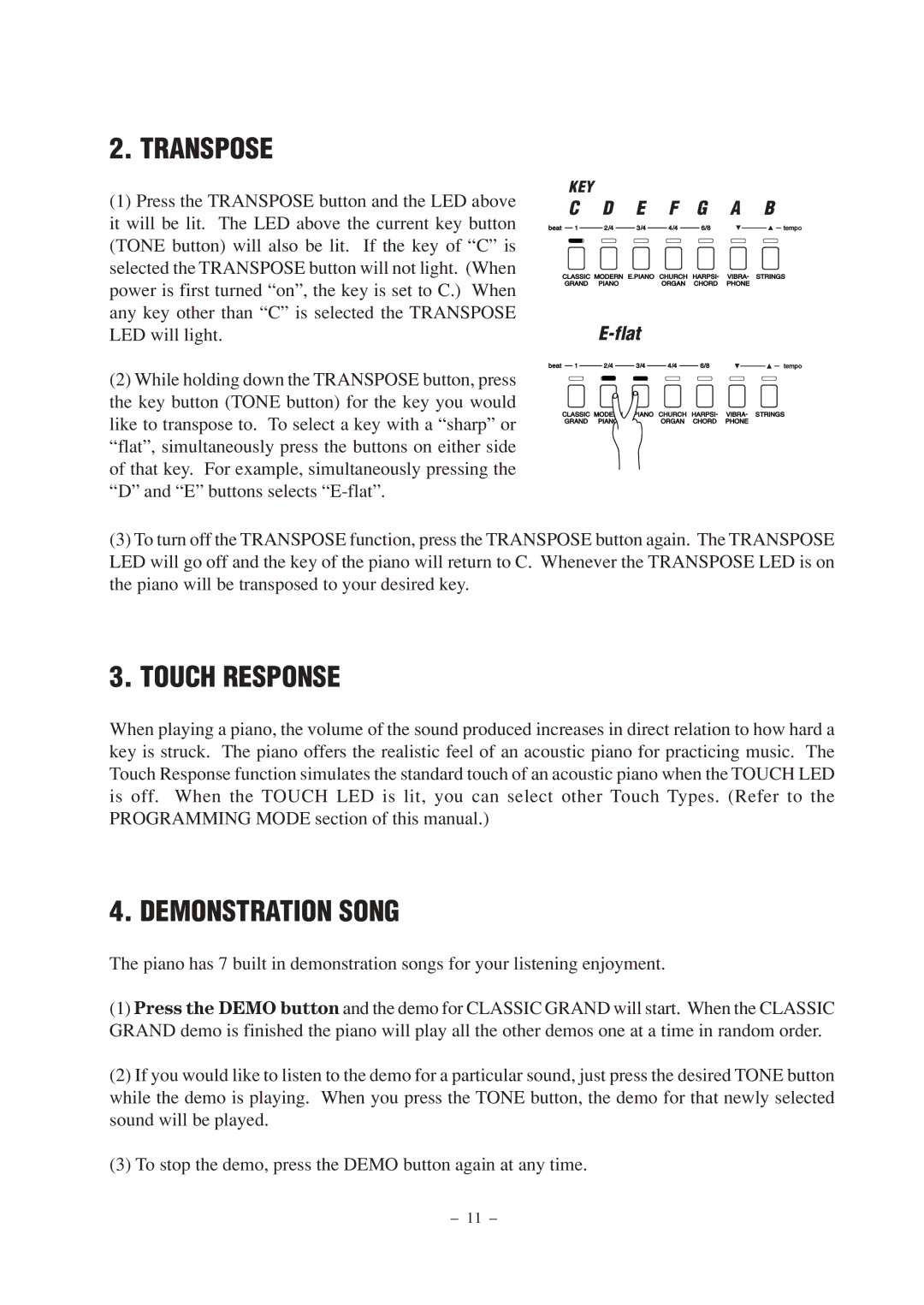 Kawai DP100 manual Transpose, Touch Response, Demonstration Song 