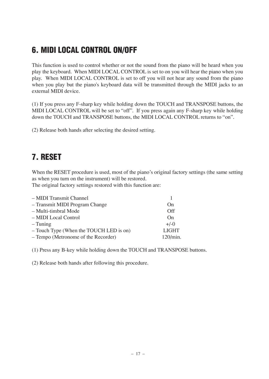 Kawai DP100 manual Midi Local Control ON/OFF, Reset 