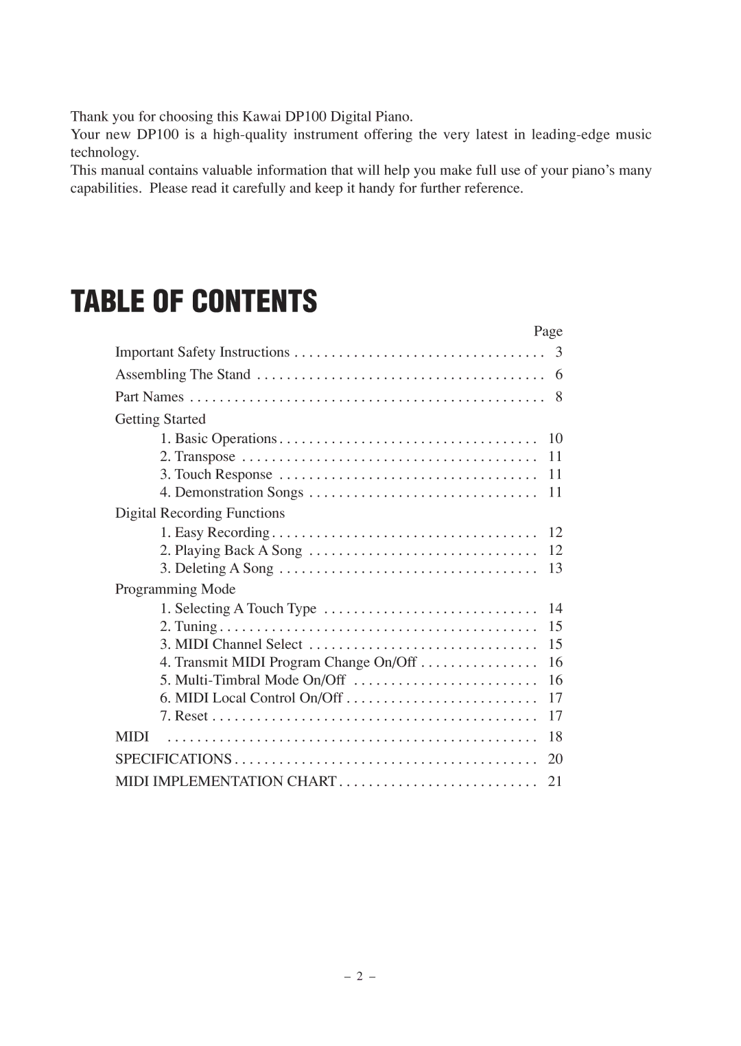 Kawai DP100 manual Table of Contents 