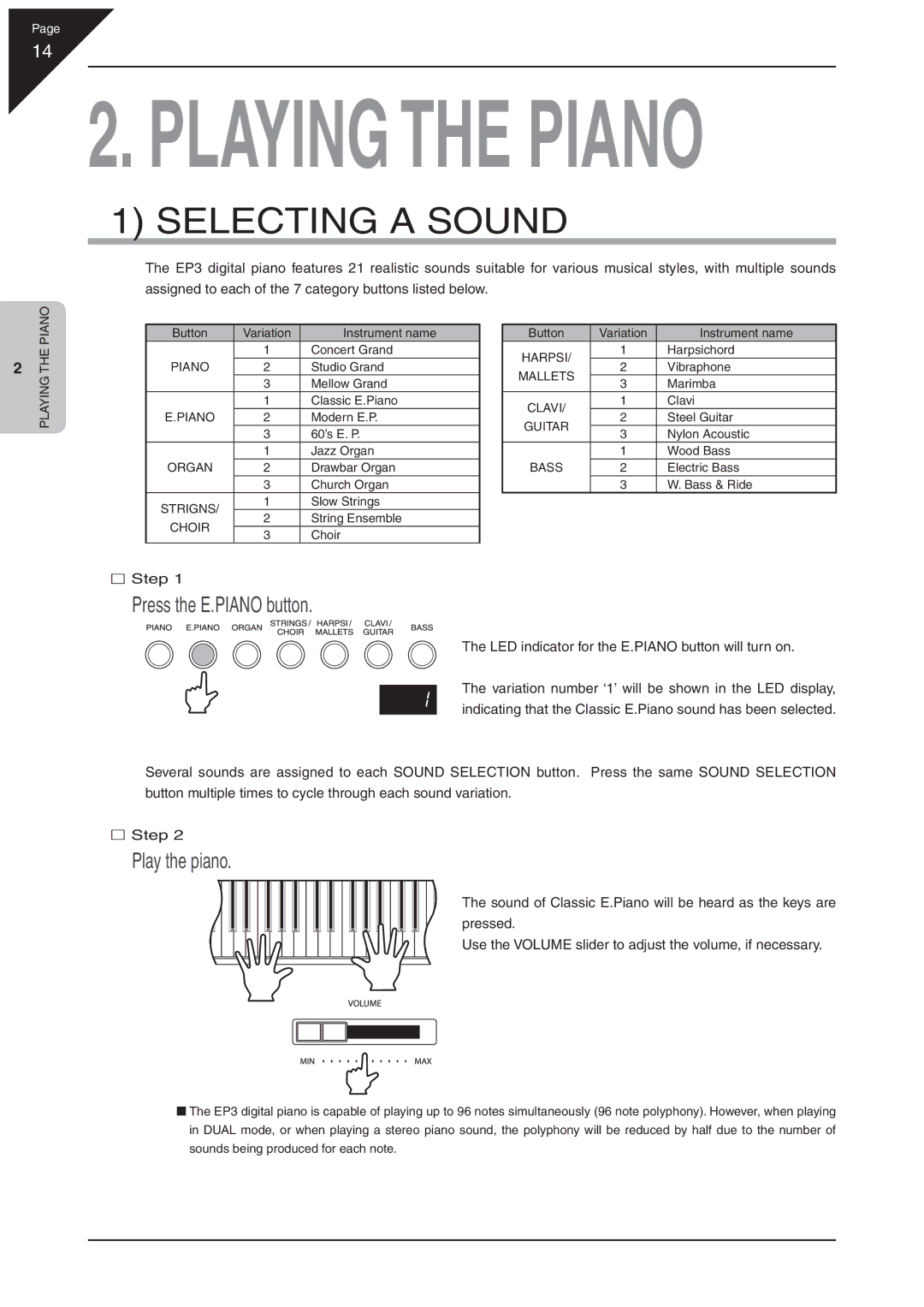 Kawai EP3 manual Selecting a Sound, Press the E.PIANO button 