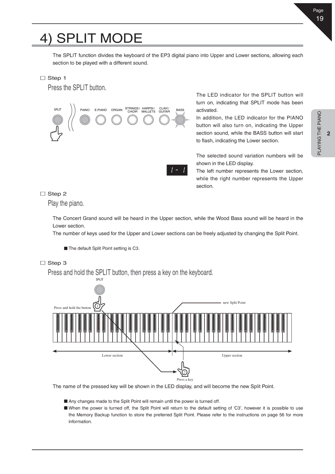 Kawai EP3 manual Split Mode, Press the Split button 