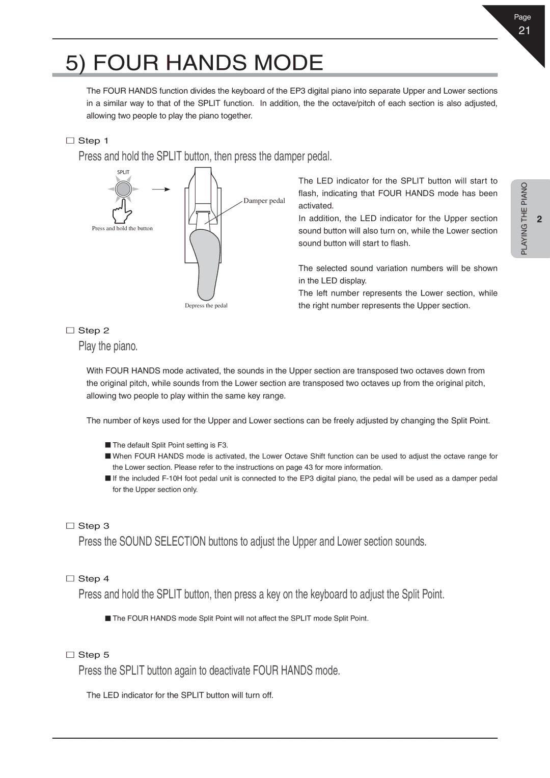 Kawai EP3 manual Four Hands Mode, Press the Split button again to deactivate Four Hands mode 