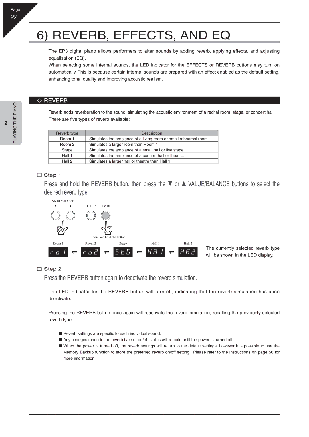 Kawai EP3 manual REVERB, EFFECTS, and EQ, Reverb 