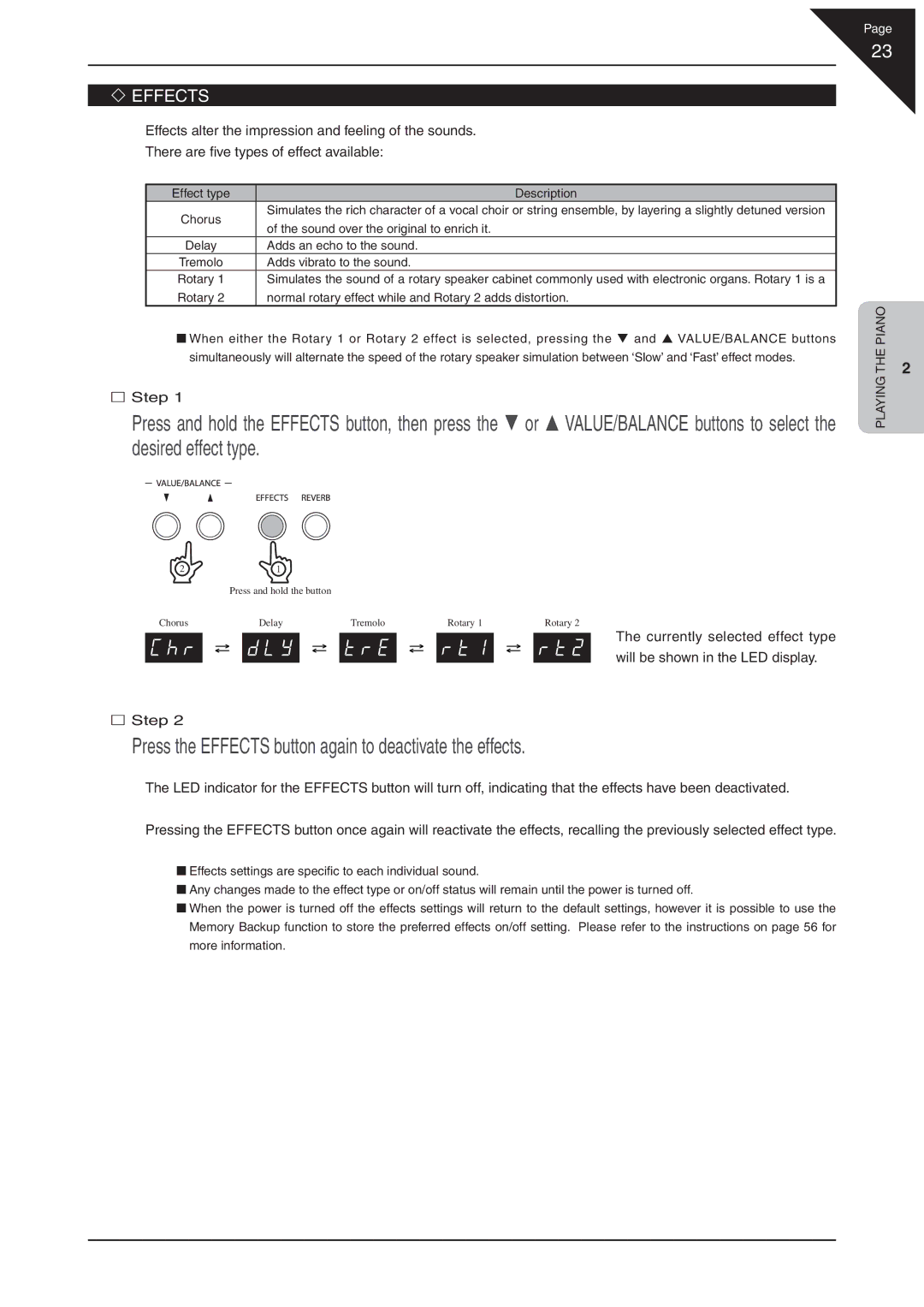 Kawai EP3 manual Press the Effects button again to deactivate the effects 