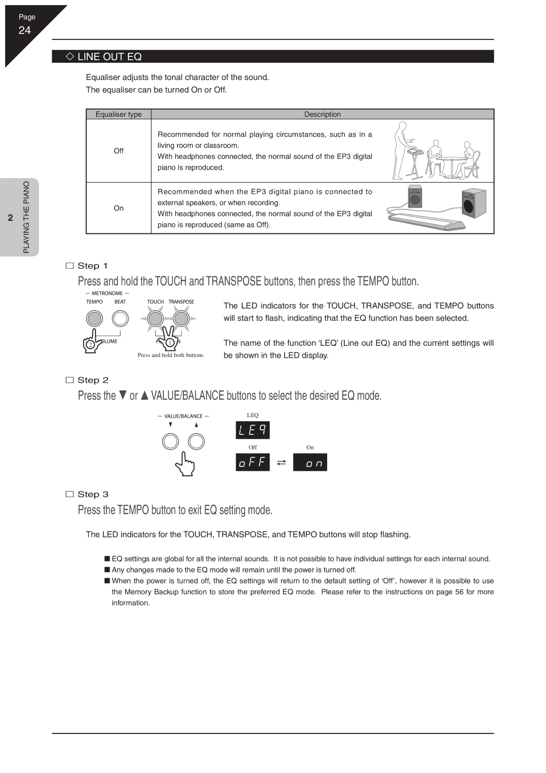 Kawai EP3 manual Press the Tempo button to exit EQ setting mode, Line OUT EQ 