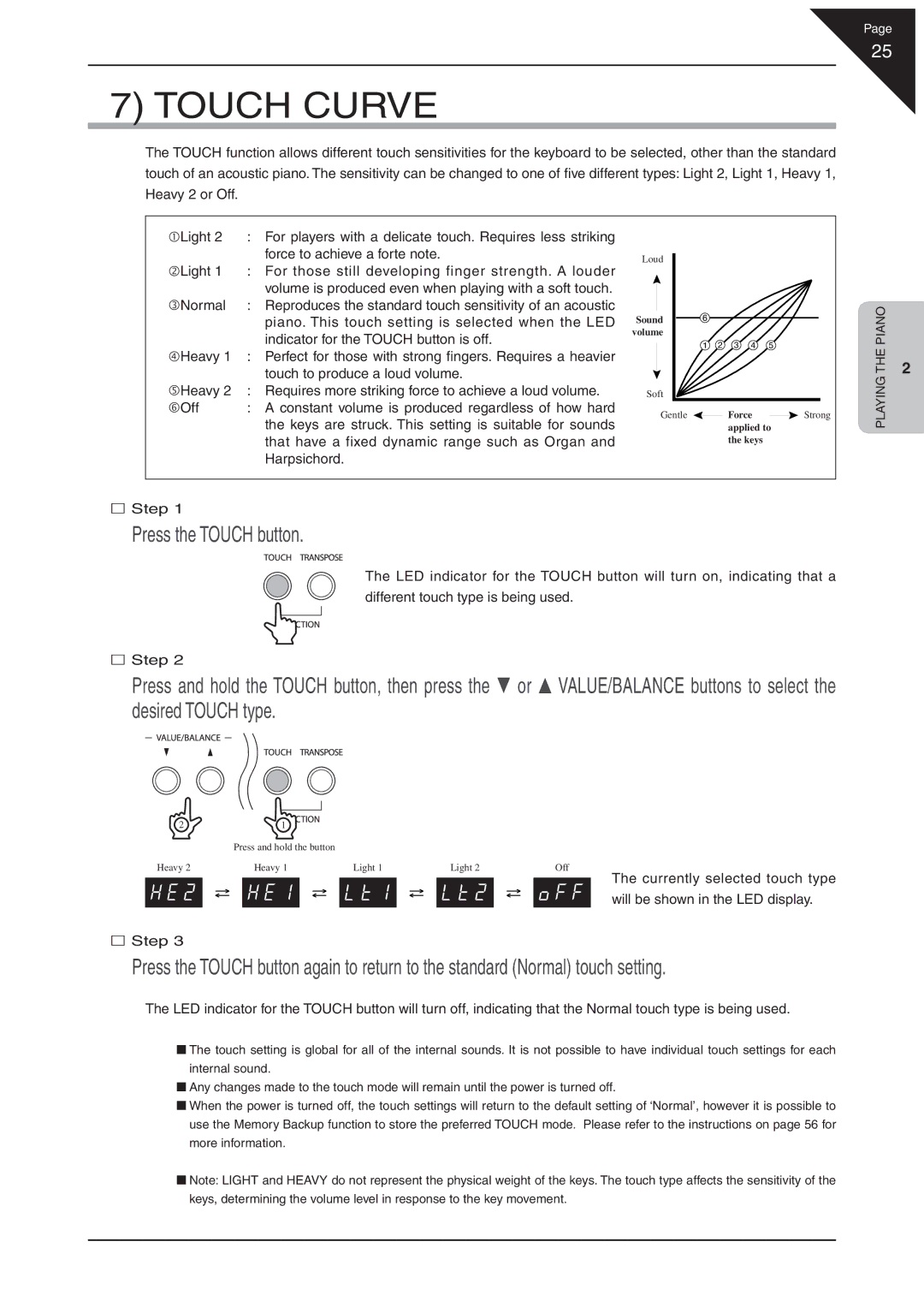 Kawai EP3 manual Touch Curve, Press the Touch button 