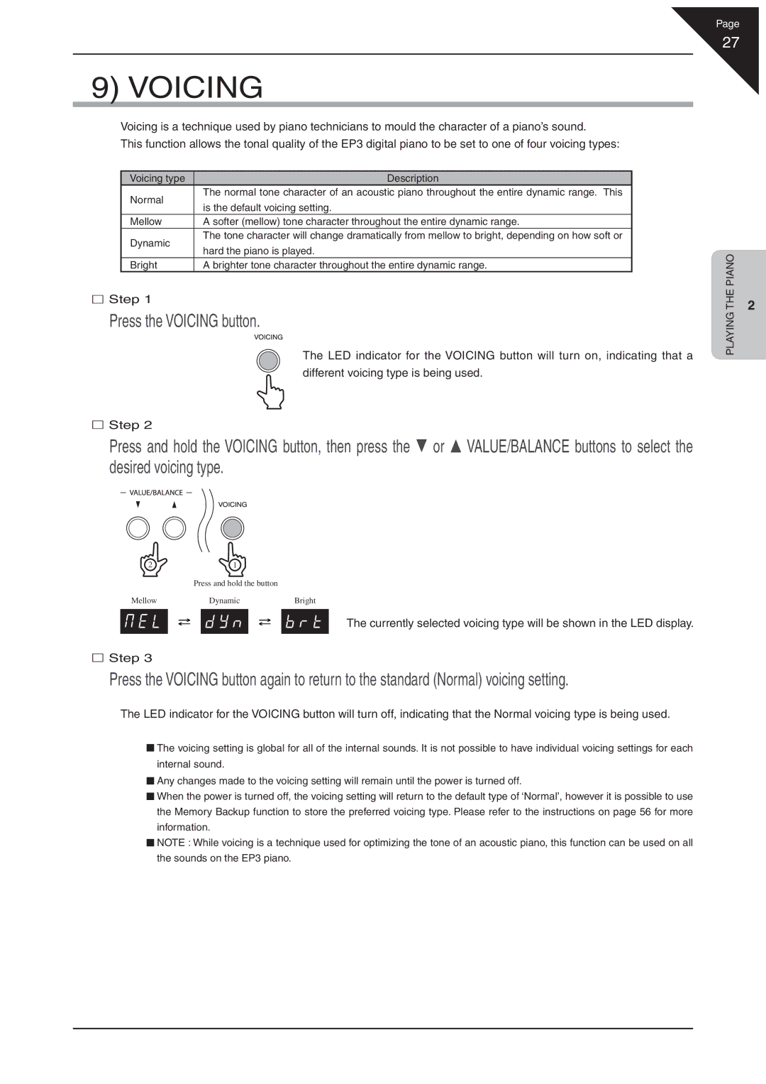 Kawai EP3 manual Press the Voicing button 