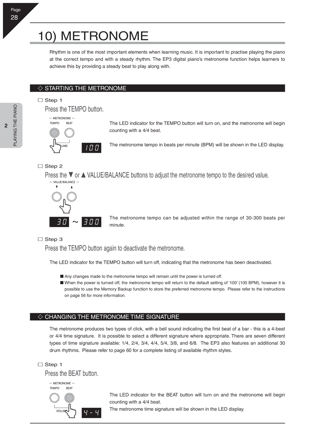 Kawai EP3 manual Metronome, Press the Tempo button again to deactivate the metronome, Press the Beat button 