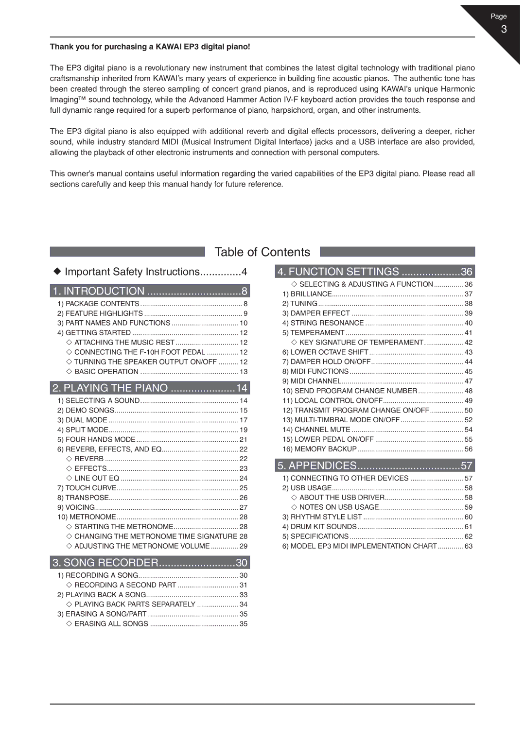 Kawai EP3 manual Table of Contents 