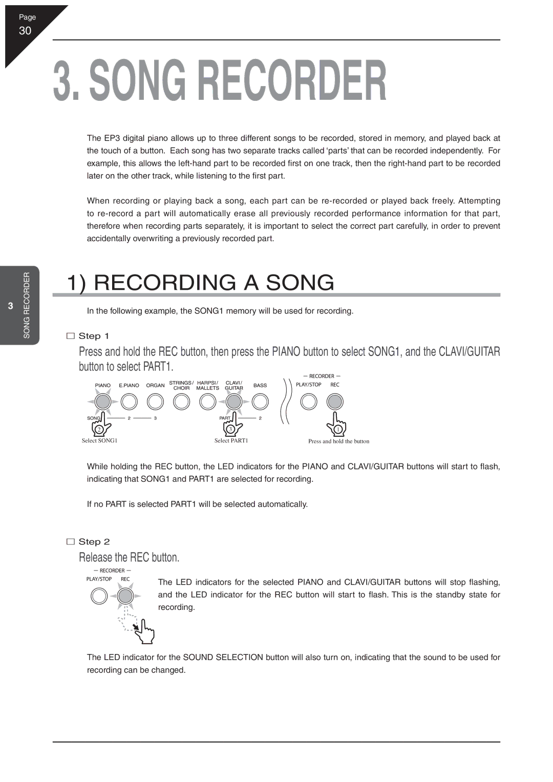 Kawai EP3 manual Recording a Song, Release the REC button 