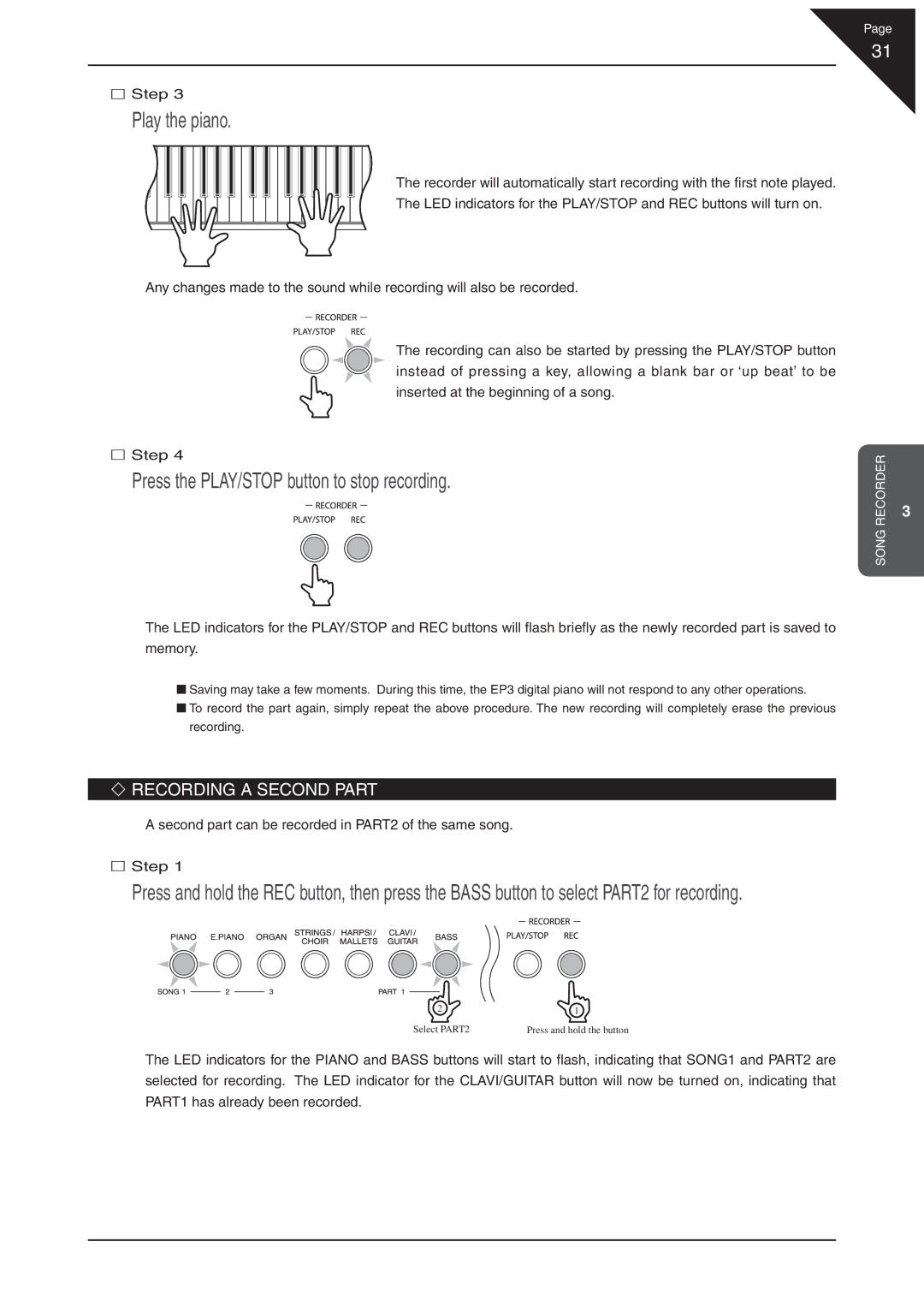 Kawai EP3 manual Press the PLAY/STOP button to stop recording, Recording a Second Part 