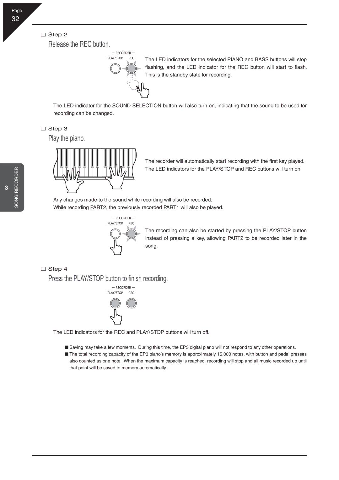 Kawai EP3 manual Press the PLAY/STOP button to ﬁnish recording 