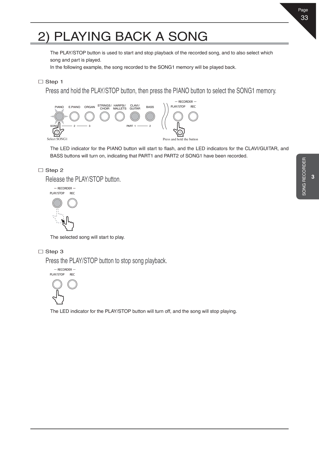 Kawai EP3 manual Playing Back a Song, Release the PLAY/STOP button, Press the PLAY/STOP button to stop song playback 