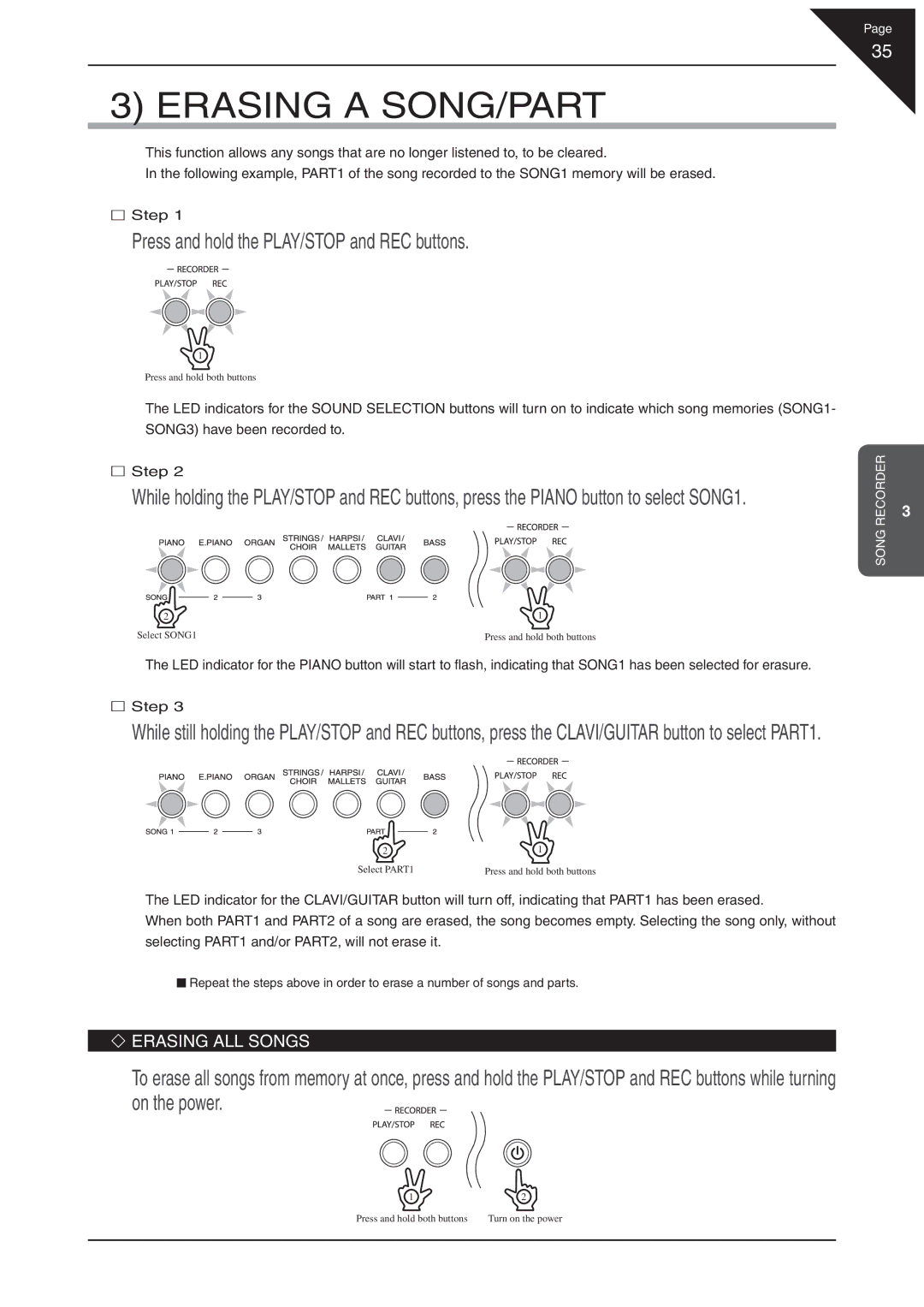 Kawai EP3 manual Erasing a SONG/PART, Press and hold the PLAY/STOP and REC buttons, Erasing ALL Songs 