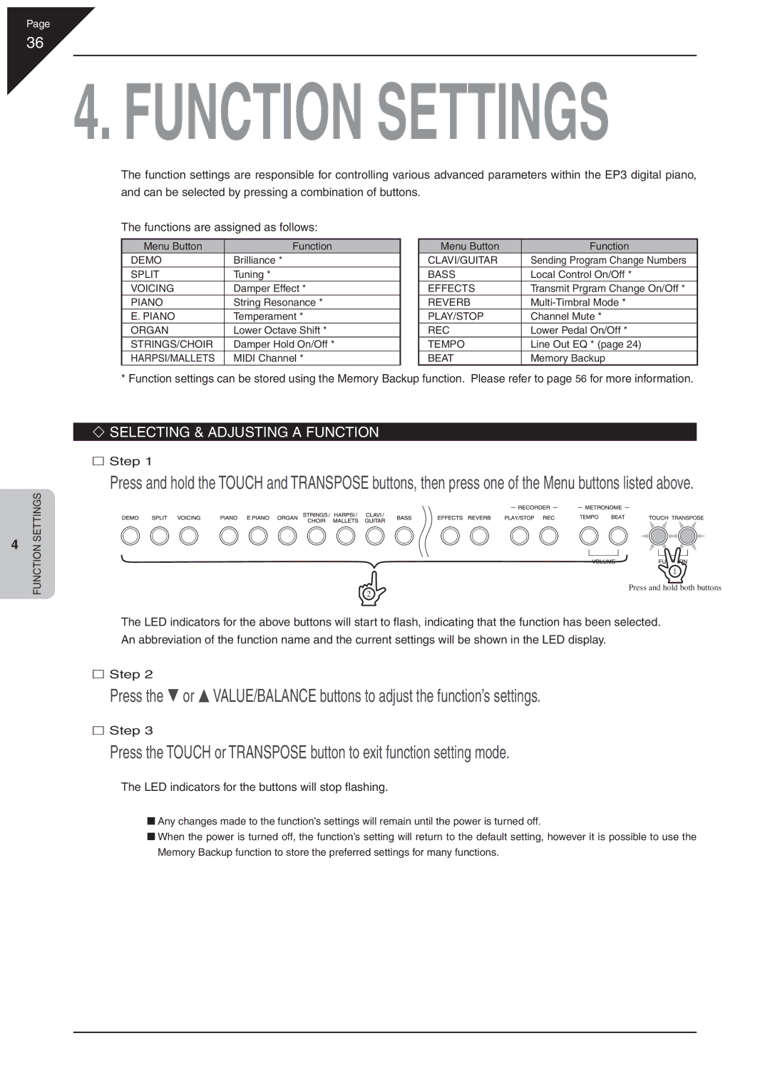 Kawai EP3 manual Function Settings, Selecting & Adjusting a Function 