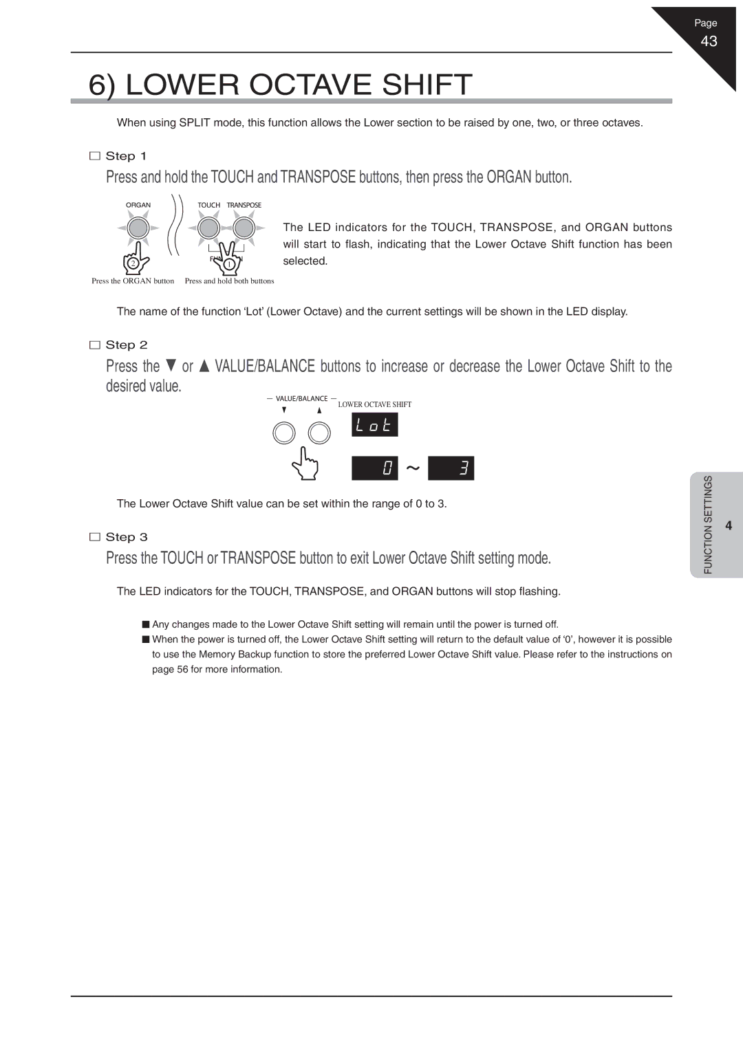 Kawai EP3 manual Lower Octave Shift 