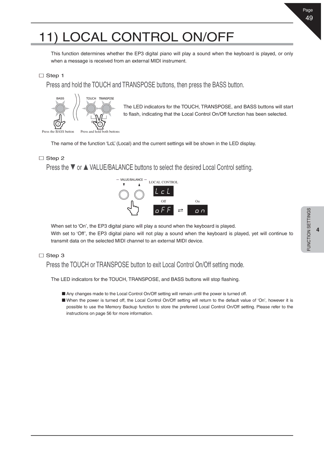 Kawai EP3 manual Local Control ON/OFF 